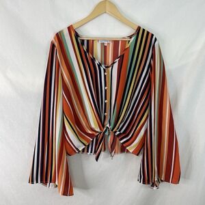 Fashion Muse Top Womens Extra Large XL Striped Tie Front Blouse